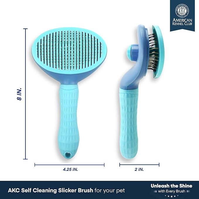 American Kennel Club AKC Self-Cleaning Pet Grooming Slicker Brush for Cats and Dogs, All Breeds and Coat Types