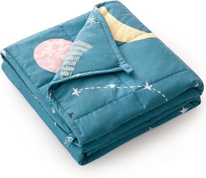 Mr. Sandman Weighted Blanket 7 lbs Twin/Full-Size Bed, Best for 50-90lb Cozy Cotton Blanket with Glass Beads - 41" x 60" Star Moon Blue