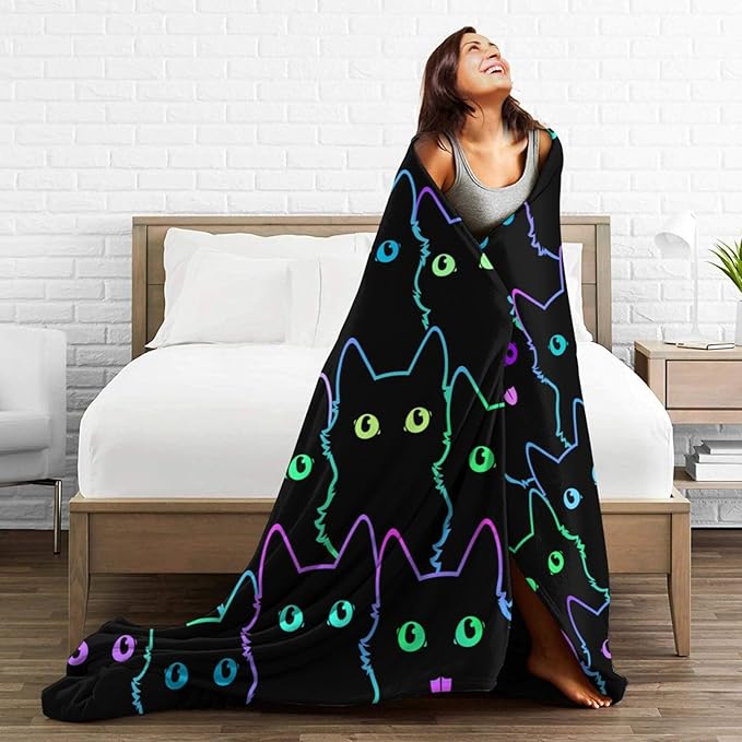 Cute Cat Silhouettes Neon Blanket, Soft Blankets Flannel Bed Throw Cozy Lightweight Plush Gifts for Boys Girls Women Men Sofa Couch Bedroom Living Rooms Warm All Season, Home Decor, 80"x60"