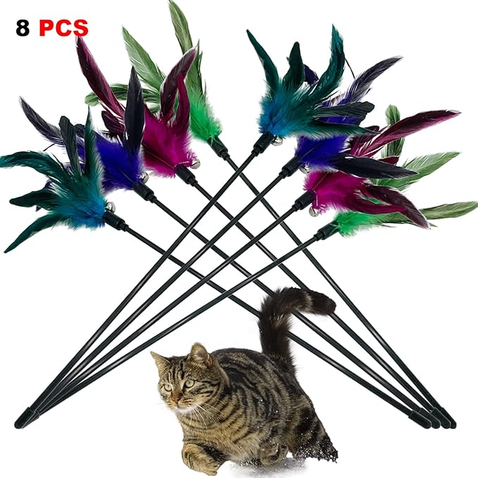 Cat Wand Toy Feather Stick Cat Toys, 8 PCS Cat Feather Wand Toys, Interactive Cat Toy Feather Wand for Indoor Cats