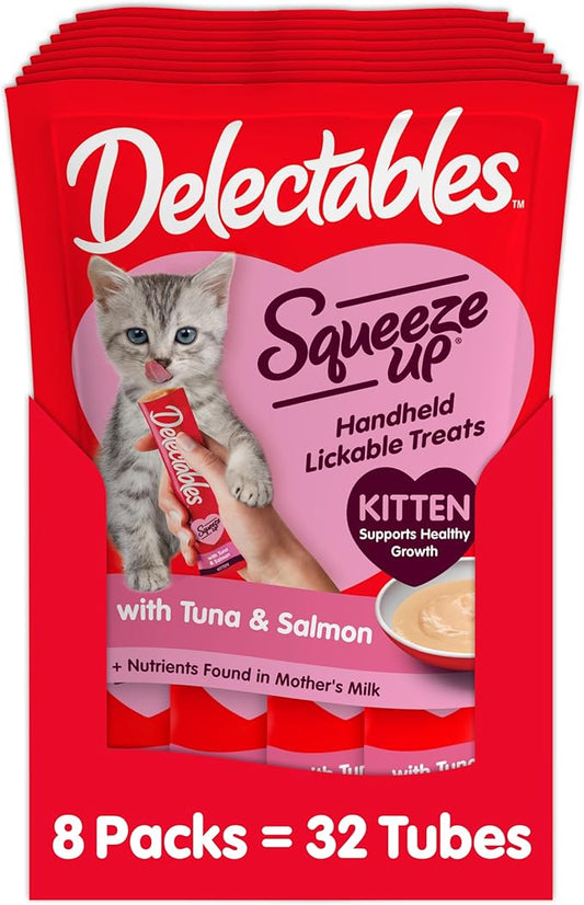 Delectables Squeeze Up Kitten Creamy Squeezable Puree, Lickable Wet Cat Treats, Grain Free, No Added Fillers, No By-Products, No Added Preservatives, 0.5 Ounces Tube Tuna & Salmon, 32 Tubes Total