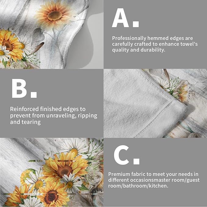 Vintage Sunflower Hand Towel Set of 2 Farm Cow Face Towels Cotton Soft Absorbent Kitchen Dishcloth Washcloths for Bathroom Home Gym