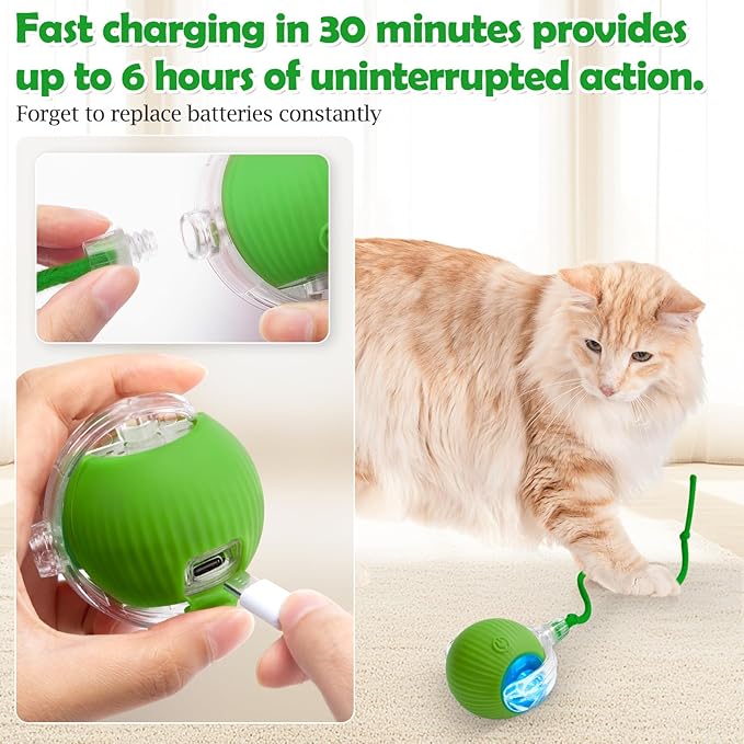 Interactive Cat Toy - Cat Toys for Indoor Cats Smart Silicone Rolling Ball with Tail,Bird Sound,Obstacle Avoidance and Motion Activated,Kitten Puzzle Toys for Bored Indoor Adult Cats & Dogs (Green)