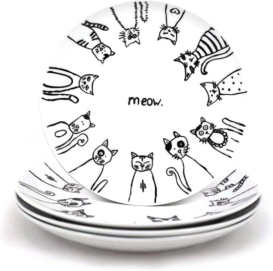 Cartoon Cat Porcelain 8-inch Salad Plate Set/Dessert Plate Set,Set Of 4