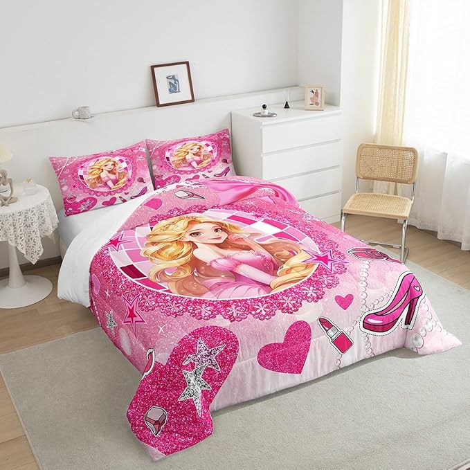 Castle Princess Kids Comforter Set Twin Size,High-heeled Shoes Lip Bowknot Fashion Bedding Set,Girls Women Room Decor,Glitter Stars Sequins Down Comforter,Pink Romantic Duvet Insert,1 Pillowcase