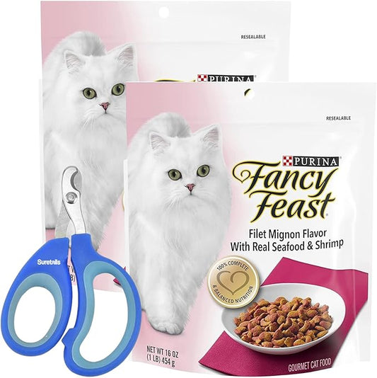 Gourmet Filet Mignon Flavor with Seafood & Shrimp, 16 Oz - Crunchy Dry Cat Food, Complete Nutrition, Shrimp Food Dental Health - Bundle with Suretails Pet Nail Clipper Cat Dry Food [Pack of 2]