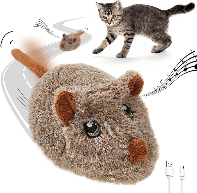 Cat Toys Squeaky Rechargeable Moving Mouse with Dynamic Magic Tail, Automatic Self Play Mouse Interactive Cat Toy for Indoor Cats, Kitten's Electric Multi-Mode Activated Mouse Toy (Brown)