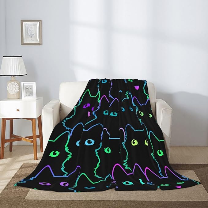 Cute Cat Silhouettes Neon Blanket, Soft Blankets Flannel Bed Throw Cozy Lightweight Plush Gifts for Boys Girls Women Men Sofa Couch Bedroom Living Rooms Warm All Season, Home Decor, 80"x60"