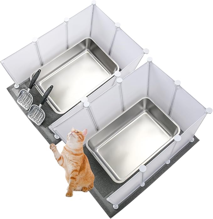 2 Set Extra Large Giant Stainless Steel Litter Box for Cats(24 x 16 x 6 inches) with 2 Metal Cat Litter Scoop,16 Litter Splash Shield and 2 Cat Litter Mat,Easy Clean,Non Stick,Odor Control