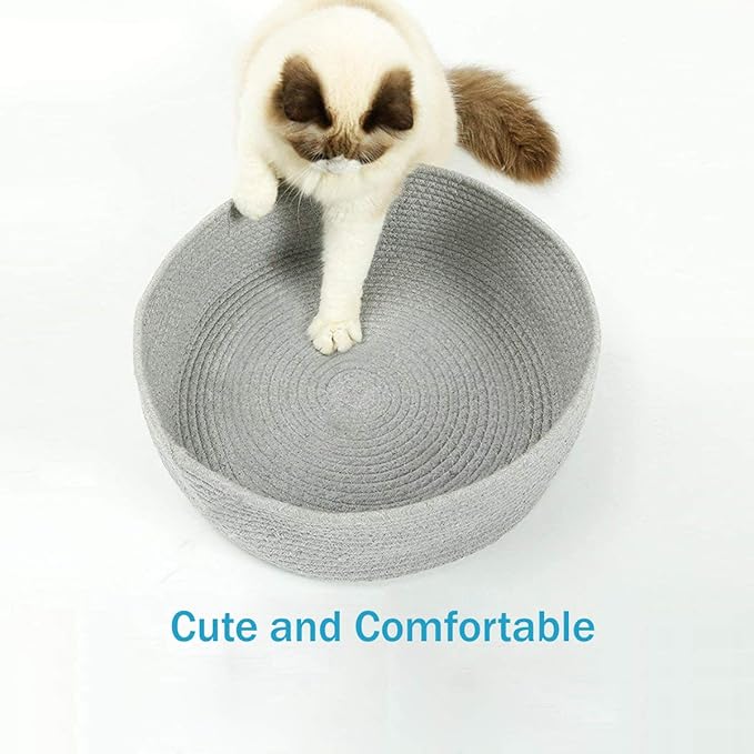 Large Cat Bed Basket Round Cotton Rope Woven - Calming Cat Rope Bed Sleep Surface 17.7 inches(45 cm),Cozy Scratching Indoor Cat bed for a Large Cat or 2 Small Cats,Fit up to 20 lbs Pets,Washable,Grey