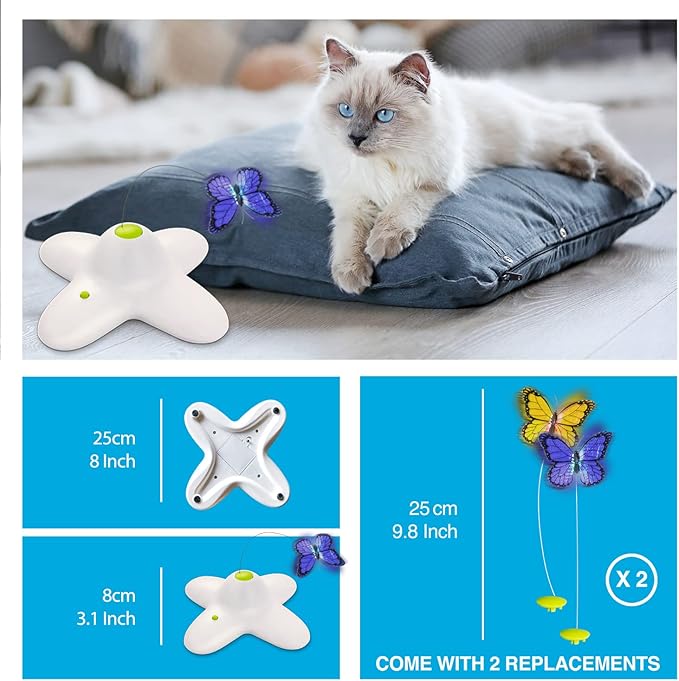 ALL FOR PAWS Interactive Cat Toy, Butter-Fly Cat Toys Interactive for Indoor Cats,Flutter Bug Cat Toys,Flutter Rotating Kitten Toys with 2 Replacements