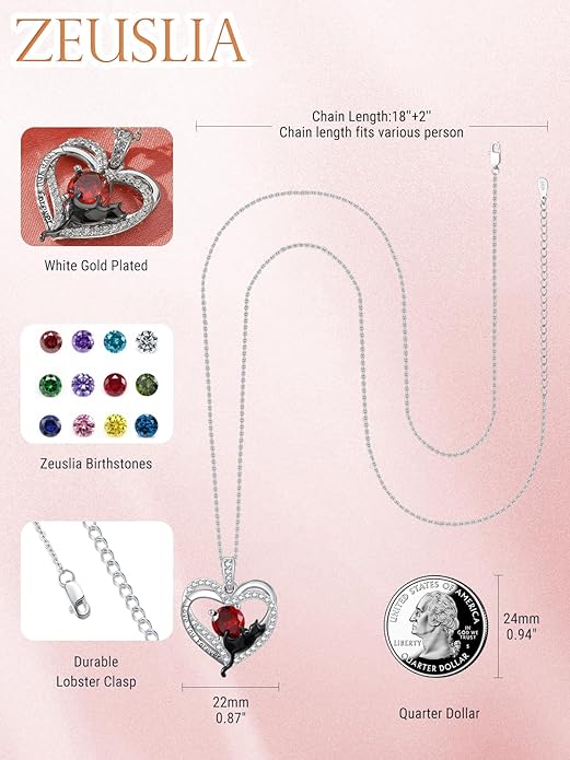 Birthstone Cat Necklaces,925 Sterling Silver Cat Necklace Heart Pendant for Women,Dainty Animal Jewelry for Her,Wedding Anniversary Birthday Gifts for Women Mom Grandma