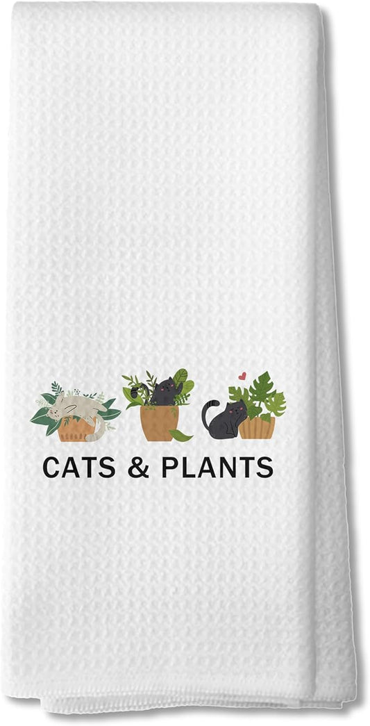 Cat and Plant Lover Gifts Kitchen Towels, Cat Plat Mom Lady Gifts Dish Tea Towels for Kitchen Decor, Gardener Gift Hand Towels for Bathroom Decor, 16x24 Inch