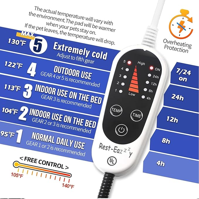 Rest-Eazzzy Cat Heating Pad, Cat Bed with Removable Cover Heated Cat Bed 5 Level Timer and 5 Level Temperature, Cat Beds for Indoor Warming Mat for Cat Dog (Heat pad, Pure-Grey,M)