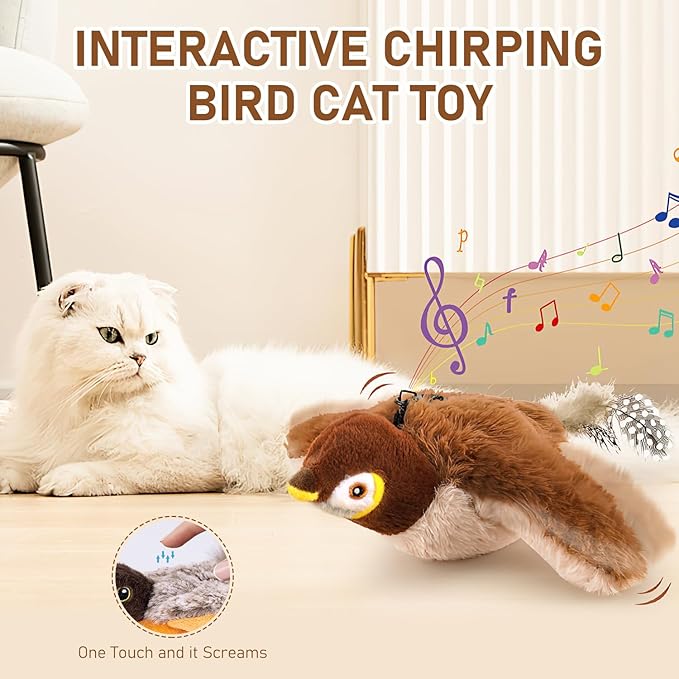 Simulated Chirping Bird Cat Toy,Flapping Chase Bird Cat Toy,Chirping Bird Cat Toy Flapping Wings,Flying Interactive Flapping Chirping Bird Cat Toy,Electric Sparrow Shaking Bird for Bored Indoor Cats