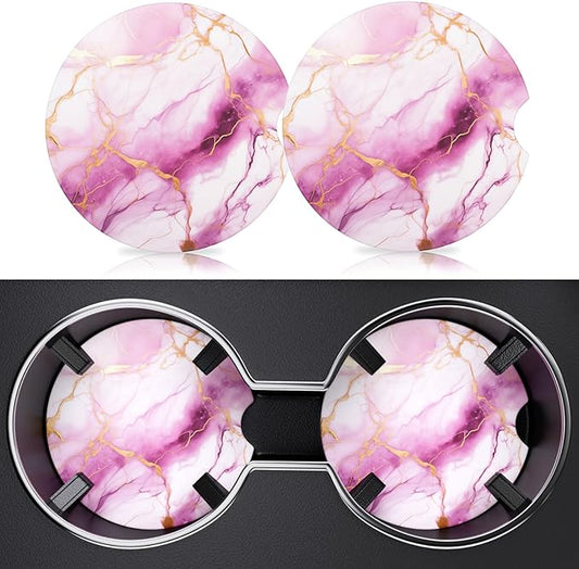 2 Pack Car Cup Holder Coaster, 2.63 inch Anti Slip Insert Absorbent Ceramic Car Coaster with Cork Base and Finger Notch, Cute Car Accessories Interior for Women, Cute Car Coasters., CH0025