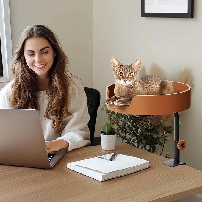 Cat Bed Desk Nest with Teaser,Easy Installation Shelf,Sturdy Frame,Removable Cushioned Cushion, Space Saving Design,Ideal for Side Table,Home Office,Fits Cats