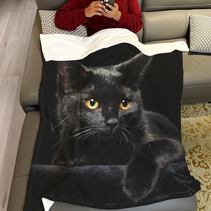 Black Cat Throw Blanket Modern Black Decorative Big Eyes Black Cat Fleece Blanket Soft Warm Cozy for Kids Adult Gifts 50"x60"