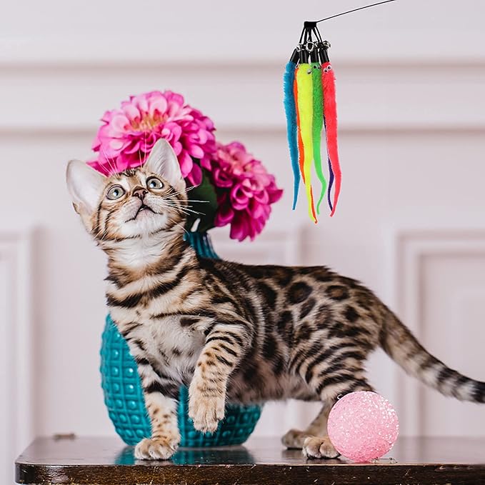 Molain Cat Wand Toy Replacement Refill -12 Pcs Furry Tail Worm with Bell Interactive Cat Chaser Toys, Kittens Wand Refills Attachments