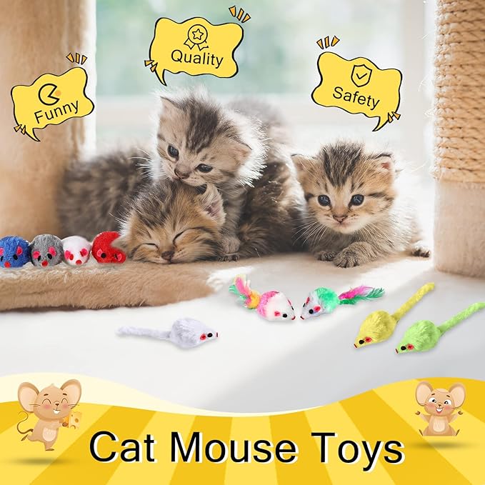 Syhood 120 Pcs Fur Mice Cat Toys Catnip Mouse Toys with Rattle Sound for Cats Mini Mice for Indoor Cats Kitten Interactive Play Assorted Color