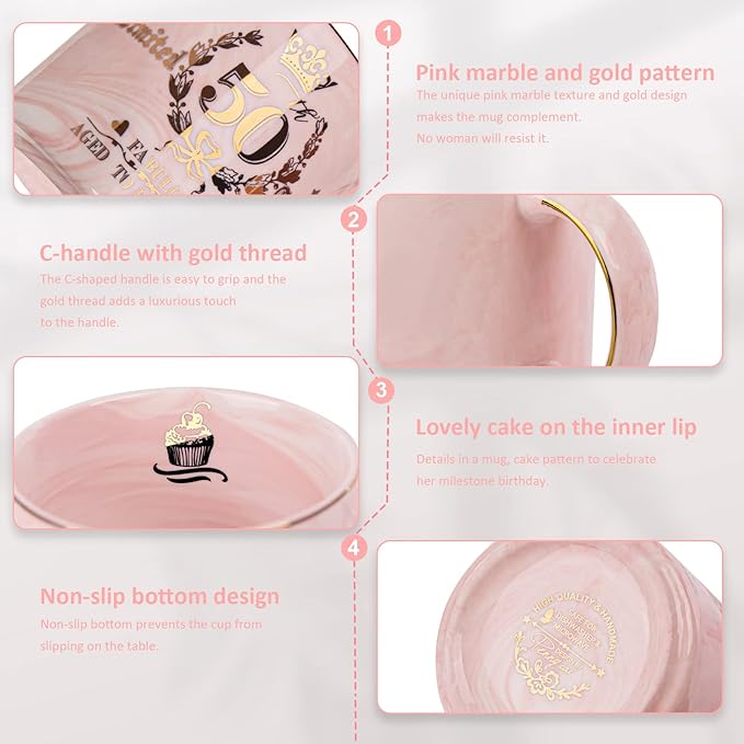 50th Birthday Gifts for Women Her, Fabulous 50 Aged to Perfection, 14oz Gold Pattern Coffee Mug, Cool Gifts Idea for Turning 50 Year old Mom, Wife, Daughter, Sister, Friends, Aunt, Nice Gift Boxed