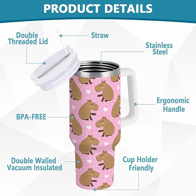 Boccsty Heart Cute Cartoon Capybara Insulated Tumblers Reusable Stainless Steel Tumbler 30 oz Cup Coffee Travel Mug Water Bottle with Handle & Flip Straw for Home Office Car