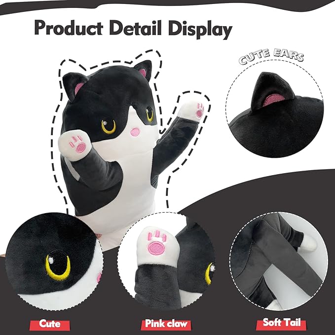 Long Cat Plush Pillow, 27.6in Cute Black Cat Plushie Stuffed Animals Body Pillow, Kawaii Kitten Soft Plushie Doll Toy Birthday Gift for Kids Girlfriend