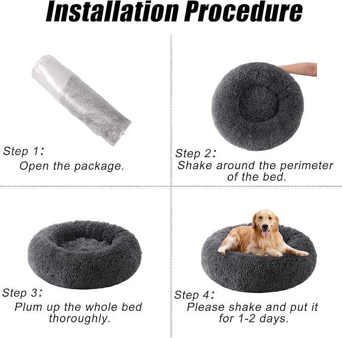 Calming Dog Bed, Dog Beds Fits up to 40 lbs Pets, Fluffy Donut Dog & Cat Bed Washable, Round Anti Anxiety Dog Bed, Small Dog Bed with Non-Slip Bottom (Dark Grey, 28" x 28")