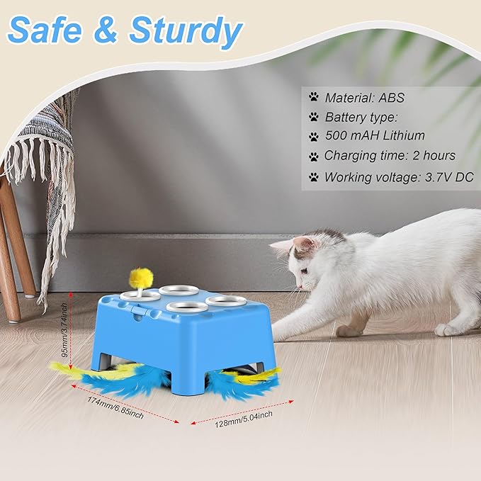 Cat Toys, Interactive Cat Toys, 2-in-1 Automatic Cat Toy, 4 Holes Mice Whack A Mole Cat Mouse Toy with Moving Feather, Portable USB Rechargeable Electronic Kitten Toys (Blue)