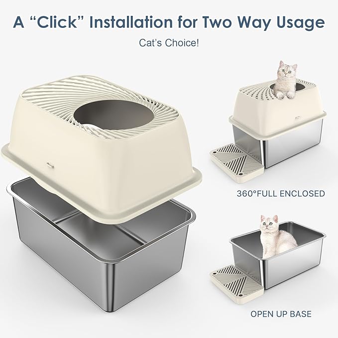 8" Deep Stainless Steel Litter Box with Lid, Top Entry Litter Box for Dog-Proof, Covered Cat Litter Box with Filter Footboard & Scoop, Odor Control, Anti-Leakage, Non-Sticky, Easy Cleaning (Ivory)