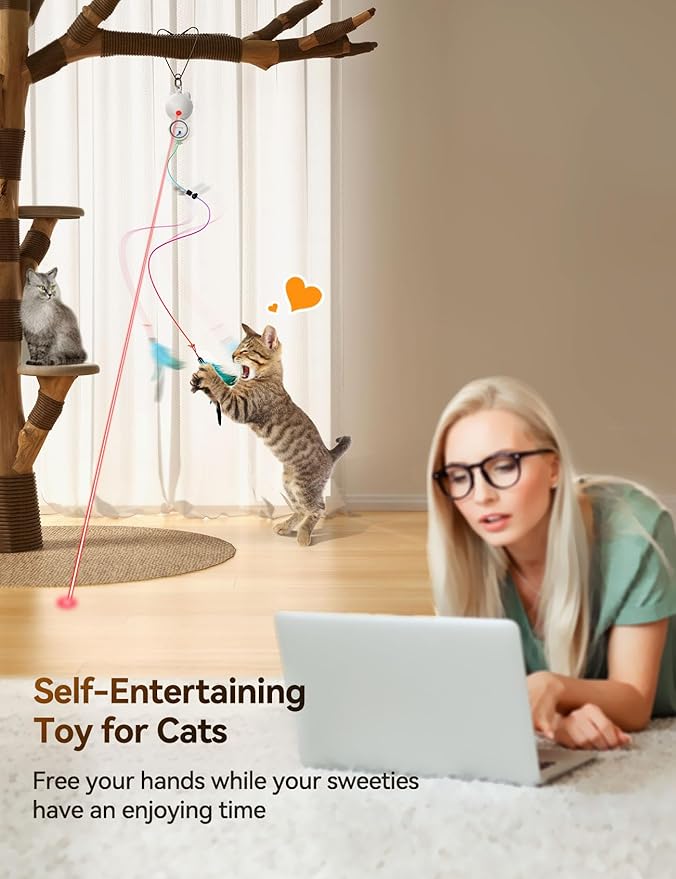 Interactive Cat Toys LED Light Hanging Cat Toys for Indoor Cats, Cat Wand Toy Cat Feather Toy, Feather & Mouse Cat Toys for Bored Adult Cats Kitten Exercise, White