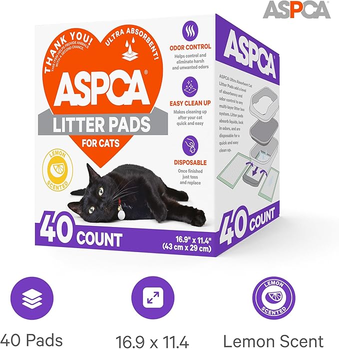 ASPCA Lemon Scented Cat Pad Refills for Litter Box System Size 16.9 x 11.4 Inch - Pack of 40