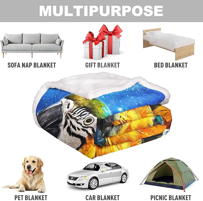 Parrot Sherpa Blanket, Colorful Macaw Fleece Throw Blankets for Couch Sofa Bed, Super Soft Warm and Lightweight, 50" x 60"