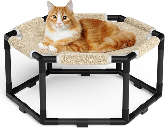 Tresbro Cat Bed, Hexagon Warm Elevated Cat Bed with Thick Teddy Velvet & Anti-Slip Pads, Raised Cat Hammock Bed for Indoor and Outdoor Use, 20.5'' x 18'' x 9.4'' Cat Hammock for Medium to Small Cats