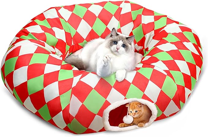 Large Cat Tunnel Bed Cat Peekaboo Cat Cave Donut with Washable Cushion Cat Tunnels for Indoor Cats Festive Decor Perfect for Small Medium Large Cats, Kittens, Rabbit, Ferret
