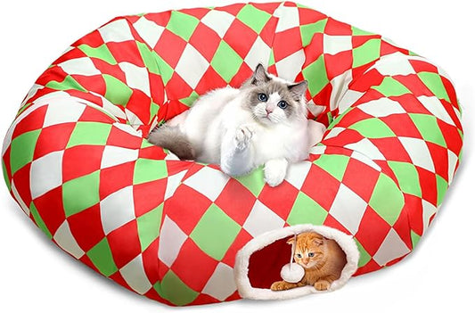 Large Cat Tunnel Bed Cat Peekaboo Cat Cave Donut with Washable Cushion Cat Tunnels for Indoor Cats Festive Decor Perfect for Small Medium Large Cats, Kittens, Rabbit, Ferret