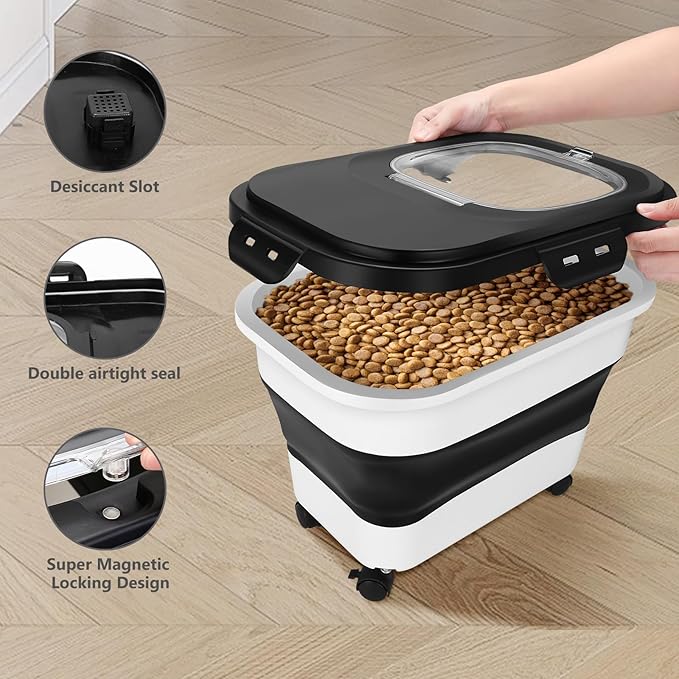 2 PCS Dog Food Storage Containers 15-20 Lbs Collapsible Dog Food Storage Container - with Measuring Cup &Scoop(black+black)