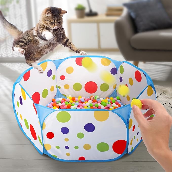 Palksky Cat Ball Pit with 210PCS Cat Toy Balls and 4PCS Cat Spring Toy, Interactive Cat Toys for Bored Indoor Cats Self Play, Cat Enrichment Toy for Interactive Fun and Exercise