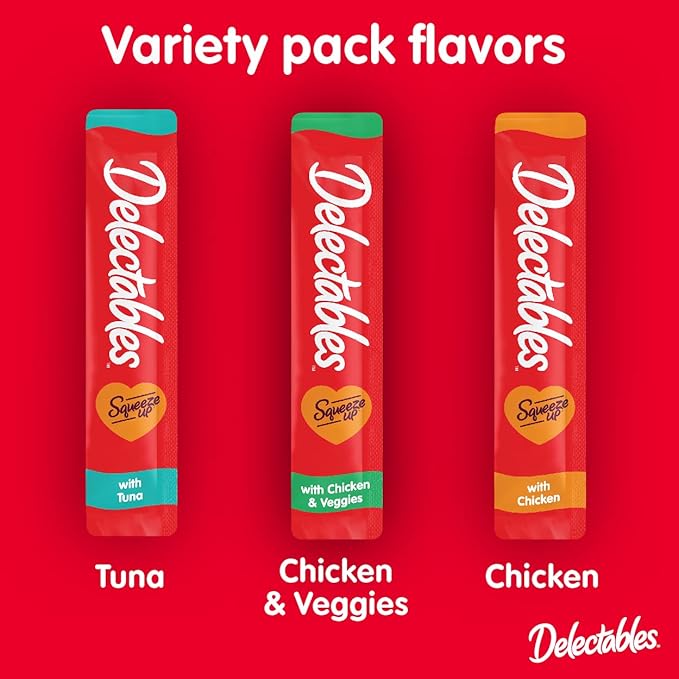 Delectables Squeeze Up Variety Pack, Creamy Squeezable Puree, Lickable Wet Cat Treats, Grain Free, No Added Fillers, No by-Products, No Added Preservatives, 0.5 Ounces Tube, 20 Tubes Total