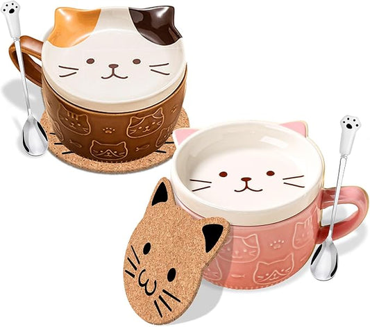 BigNoseDeer 2PCS Kawaii Cat Mug - Pink and Brown Ceramic Coffee Tea Cup with Lid, Saucer - Cool Preppy Gift for Cat Lovers, Christmas 10oz