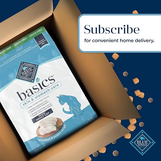 Blue Buffalo Basics Grain-Free Dry Cat Food, Skin & Stomach Care, Limited Ingredient Diet for Indoor Cats, Fish & Potato Recipe, 11-lb. Bag