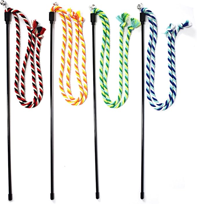 IUHKBH Cat Wands, 4 PCS Colorful Rope Cat Toys Interactive Cat Teaser Wands with Bell for All Breed Sizes