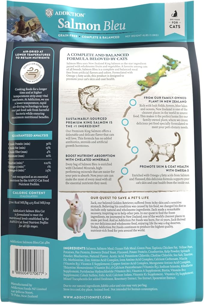 Addiction Salmon Bleu – Premium New Zealand King Salmon Recipe – Skin, Coat & Cognitive Health - Complete & Balanced - Omega-3 Rich - Grain-Free Dry Cat Food for All Life Stages – 4lbs