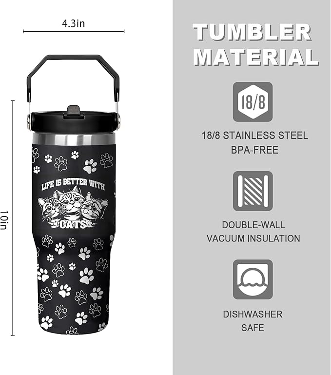 30 Oz Black Cat Tumbler with Handle and Straw, Insulated Cat Mugs for Cat Lovers, Double Wall Stainless Steel Black Cat Mug, Cat Mom Mug or Cat Dad Mug and Cat Cups Gifts for Cat Lovers for Women