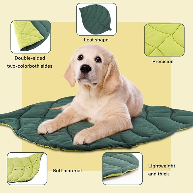 28 x 20 Inch Pet Mattress Leaf Shape Cat and Dog Cotton Bed Pad Cat Double Sided Floor Cover Mat Warming Dog Blanket Pad for Warm Indoor Puppy Accessories(Dark Green, Green)