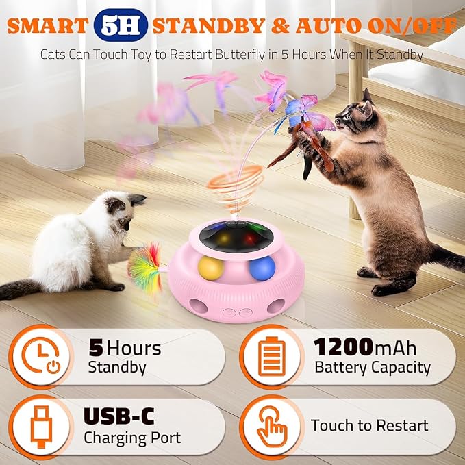 Interactive Cat Toy: 3 in 1 Automatic Cat Toy for Indoor Cats, Electric Kitten Toy with Rechargeable Battery, Self Play Kitty Toy with Rotating Fluttering Butterfly, Track Ball and Ambush Feather,Pink