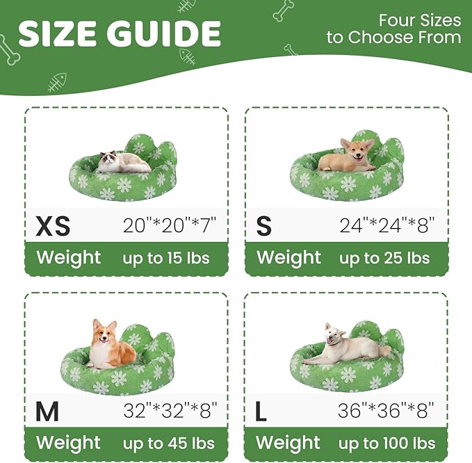 Cat Bed & Dog Bed, Removable Cozy Soft Cat Bed Washable Round Cute Dog Bed with Jacquard for Small Medium Cats and Dogs, Green Flower S