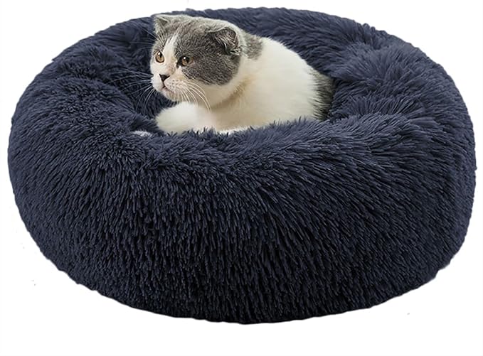 BinetGo Dog Bed Calming Cat and Dog Beds, 20 inches Navy Cat Bed, Black/Pink/Beige Puppy Bed,Original Calming Donut Cat and Dog Bed in Shag Fur– Machine Washable, Anti Slip Waterproof Bottom