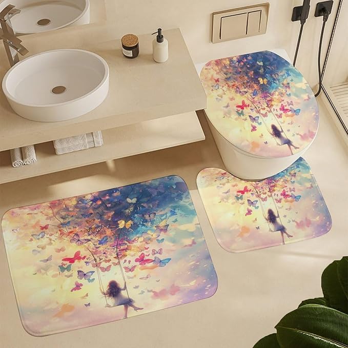 Brebasf Abstract Fantasy Animal Butterfly Shower Curtain Set Bathroom Set Decorative Watercolor Oil Painting Japanese Anime Girl Sunset Butterfly 4 Piecet