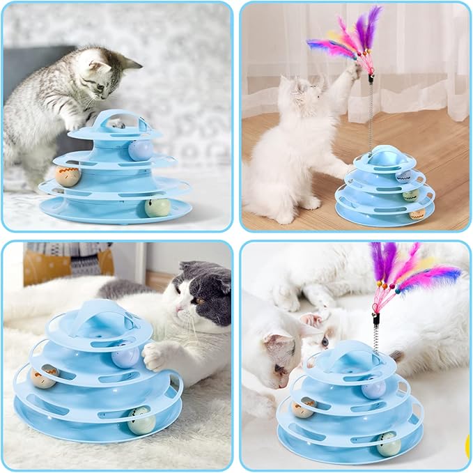 Nobleza Interactive Cat Toys for Indoor Cats, 4 Level Turntable Kitten Toy Ball Track with Catnip Flash Balls & Funny Cat Stick Toy, Cat Roller Toy for Stimulating Kitty Senses & Hunting Instincts